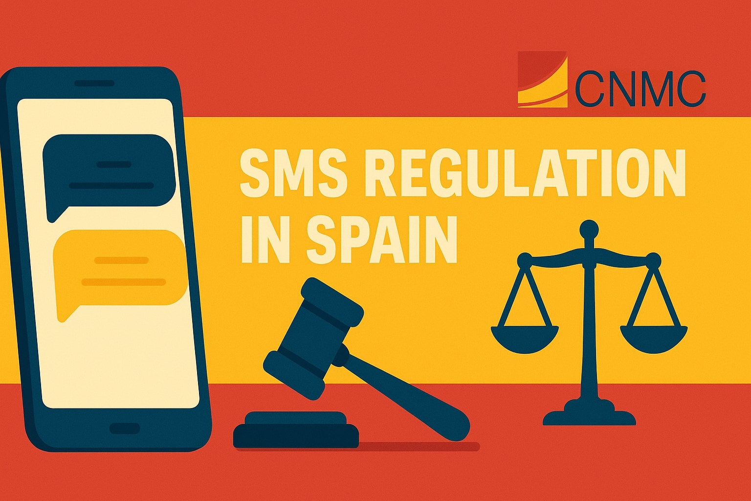 Commercial SMS regulation in Spain - Image with mobile phone and SMS regulation symbols