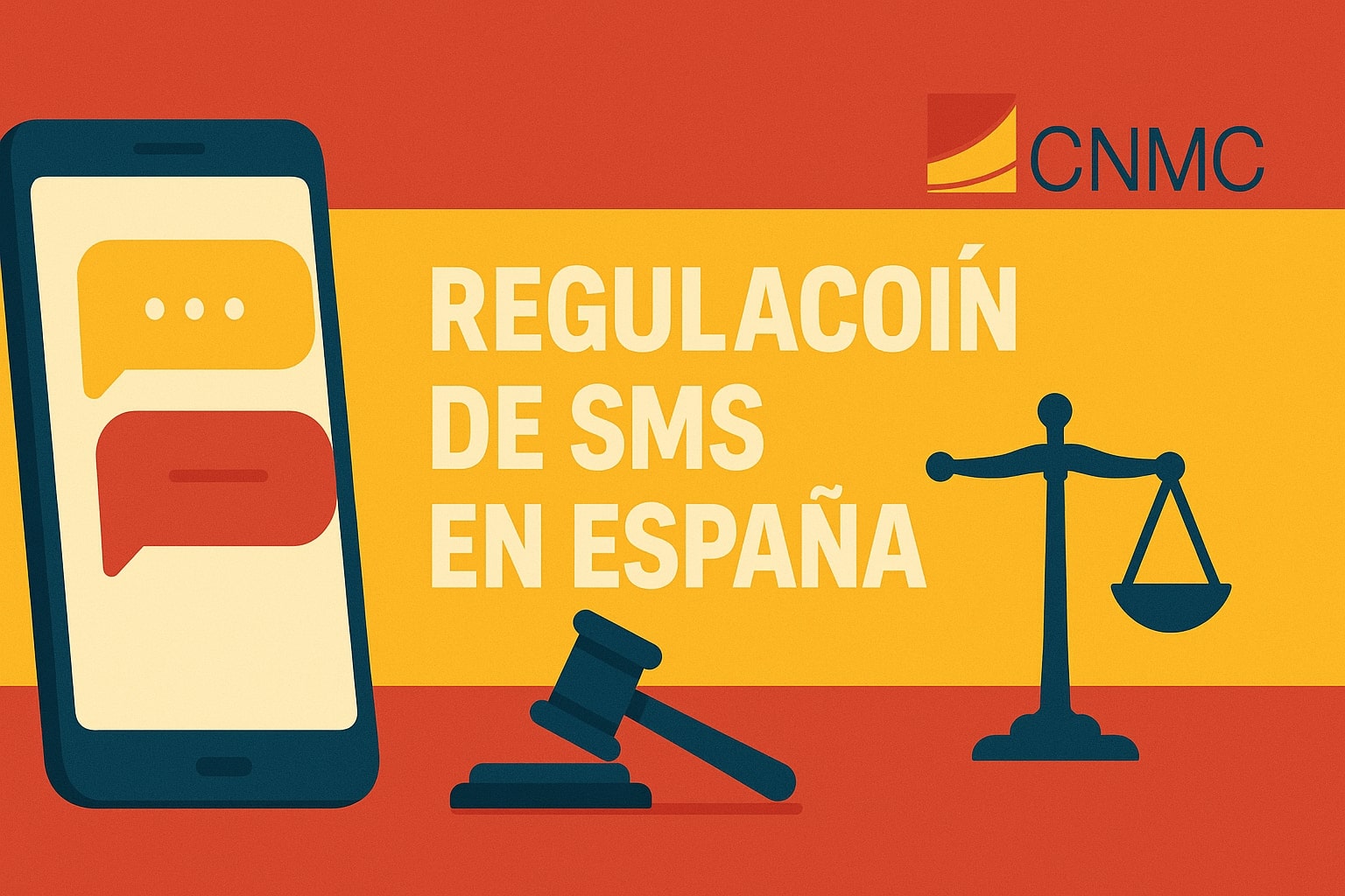 Regulación de SMS comerciales en España - Imagen con teléfono móvil y símbolos de normativa SMS