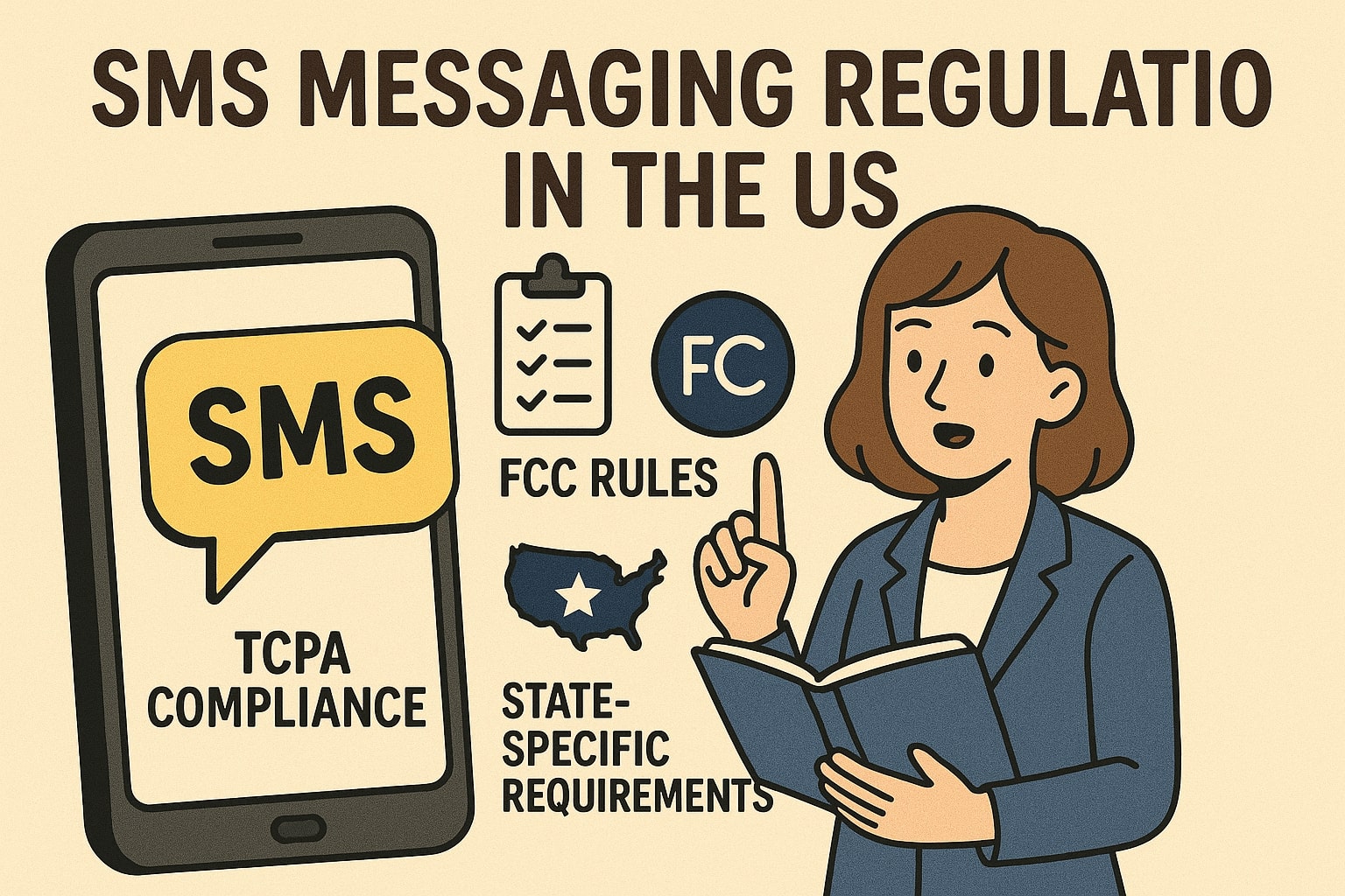 SMS messaging regulations in the United States - Image with mobile phone and regulatory symbols